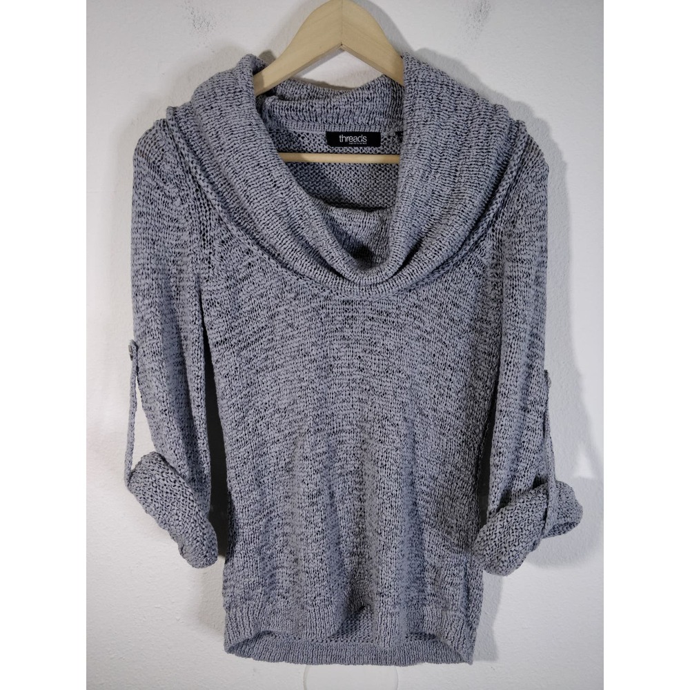 3/$20 Threads Saks Fifth Avenue Gray Chunky Knit Cowl Neck Pullover Sweater M - Picture 4 of 9